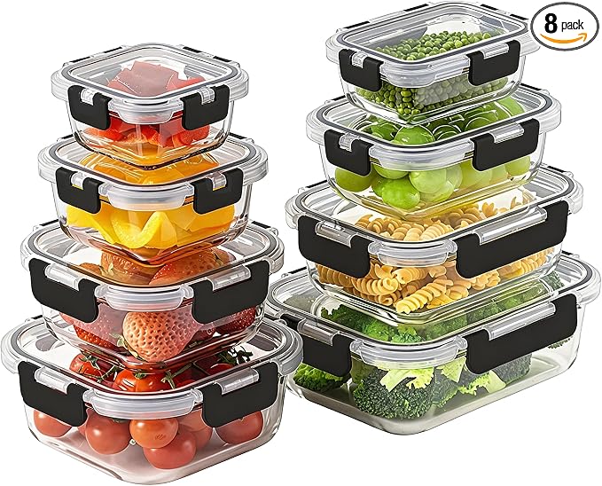 8 Pack Borosilicate Glass Food Storage Containers with Lids, Glass Meal Prep Containers, Airtight Bento Lunch Boxes with Snap Locks, Oven, Freezer and Dishwasher Safe, BPA Free, Kitchen Storage Set