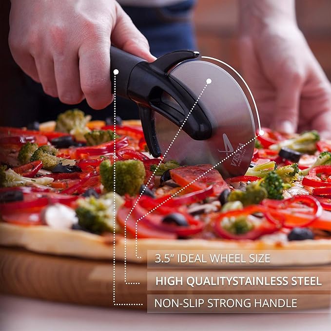 Premium Professional Pizza Cutter Wheel By VestaHomeStore - With Sharp Angled Stainless Steel Blade, Ergonomic Anti-Slip Handle & Durable Blade Cover - Ideal For Pizza, Pies, Waffles and Dough Cookies