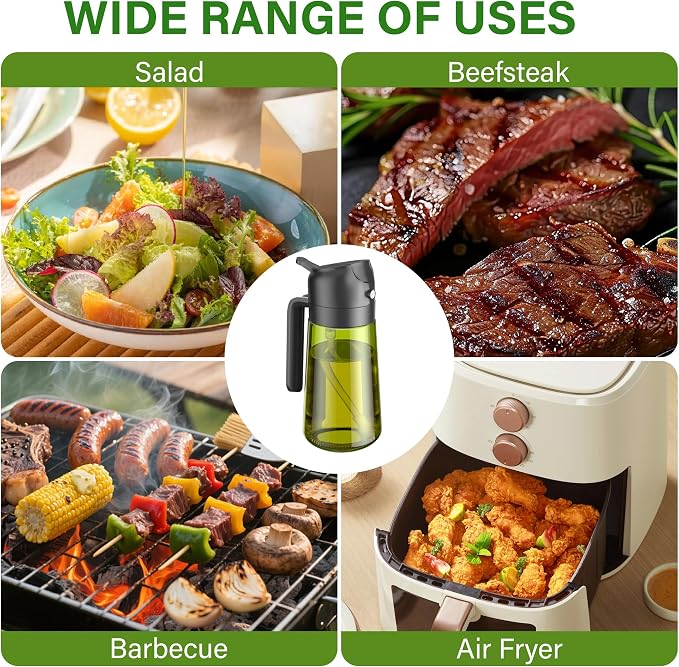 Vakoo 2 in 1 Oil Sprayer and Oil Dispenser for Kitchen - 16oz/470ml Light-Blocking Dark Glass Olive Oil Spray Bottle for Cooking, Air Fryer, Salad & BBQ (Black&Green)