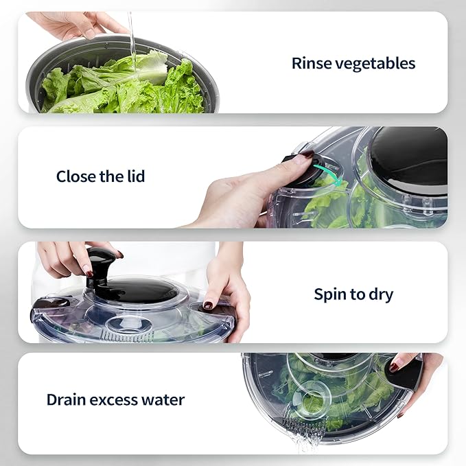 Stainless Steel Salad Spinner, 4.8 Qt Vegetable Washer, BPA-Free Lettuce Dryer with Crank Design, Easy Clean, Non-Slip Base - Transparent Lid