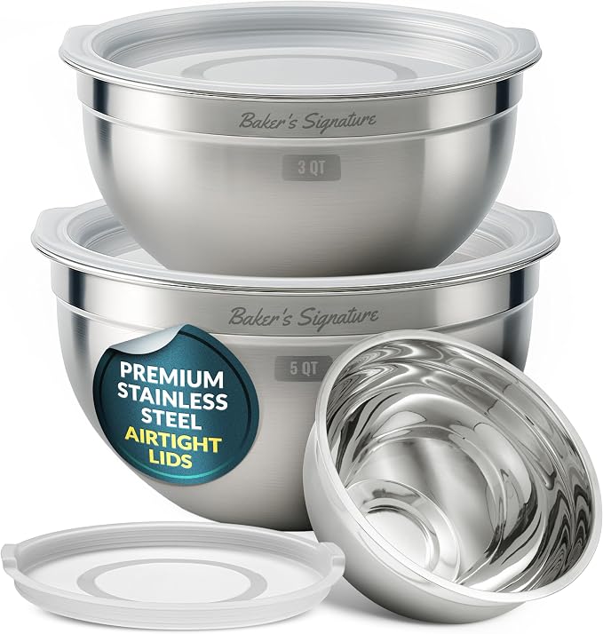 Stainless Steel Mixing Bowls with Lids Set of 3, Nesting Metal, 1.5/3/5 Qt | Mirror-finish interior, dishwasher safe & BPA-free; stack for food prep, baking, storage & serving
