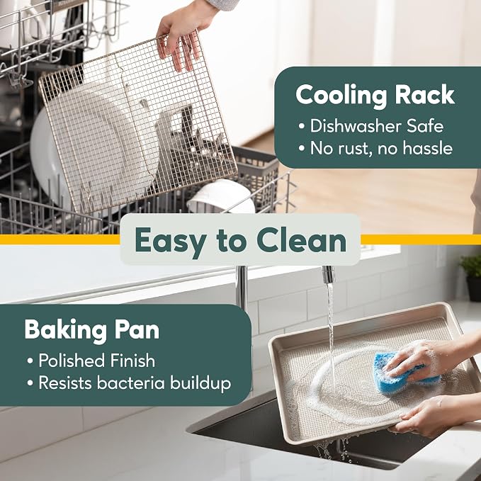 Aluminum Baking Sheet with Cooling Rack Set, 13'' x 18'' | 100% Stainless Steel Rack, Oven Safe, Half Sheet Size Pan, Durable Rimmed Sides, Easy Clean, Commercial Quality for Cooking
