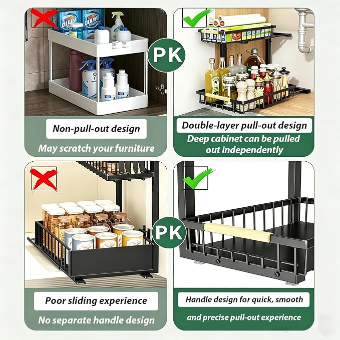 2 Pack Under Sink Organizer, 2-Tier Pull Out Kitchen Cabinet Organizer, Height Adjustable Metal Slide Out Bathroom Organizers and Storage Makeup Drawer Organizer for Office Bedroom (B-Black, 2Pack)