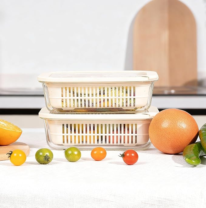 Glass Food Storage Containers with Glass Lids, Microwave Safe Food Container Set, Aitight Meal Prep Container Set, BPA Free Colander, LeakProof, 2 Pack