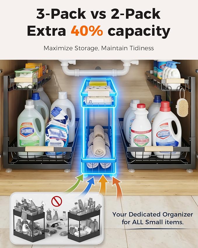 3-Pack 2-Tier Height Adjustable Under Sink Organizer, Black | Multi-purpose metal storage shelf with sliding shelves for kitchen, bathroom, pantry & laundry cabinet