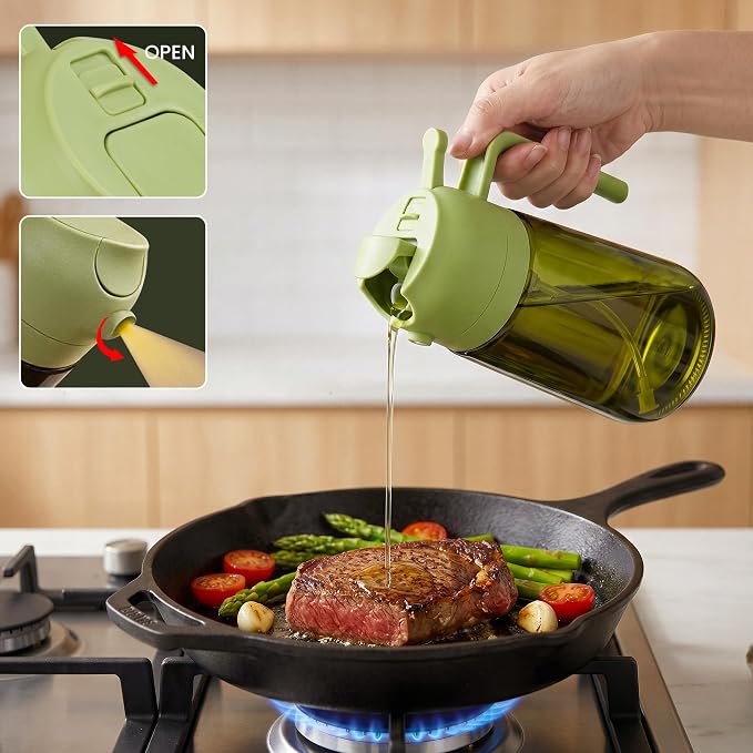 Oil Dispenser Glass Bottle, 16oz/470ml, 2 in 1 Oil Sprayer and Pourer, Light-Blocking Dark Glass, for Cooking, Air Fryer, Salad, BBQ (Black and Green)