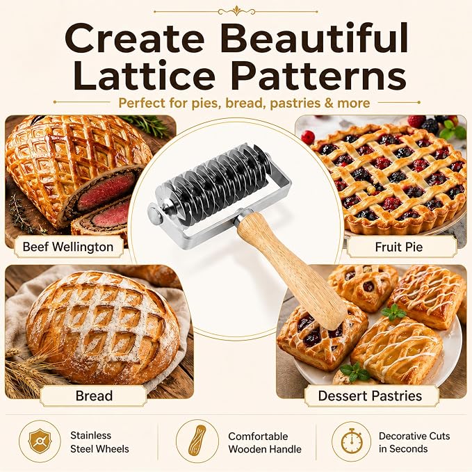 Pastry Lattice Roller Cutter, Stainless Steel Multi-Wheel Dough Cutter with Wooden Handle, Pie Crust Strip Cutters for Pastry, Pizza Dough, Bread & Beef Wellington