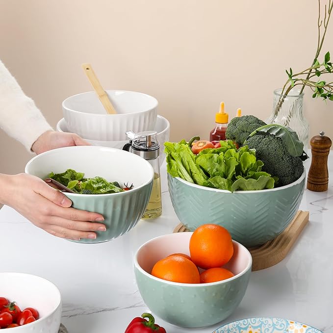 HAPPY KIT Ceramic Nesting Mixing Bowls, Set of 3 Avocado Green | Serving Bowls Set For Kitchen, Large 5/3/1.5 Quart Bowl Set of 3, Prep Nesting Bowl, For Baking and Mixing Salad