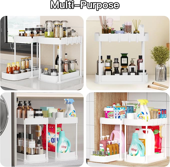 2 Packs Under Sink Pull-Out Storage Organizers, 12.8 Inches, White | Multi-Purpose Cabinet Organizers and Storage for Bathroom & Kitchen