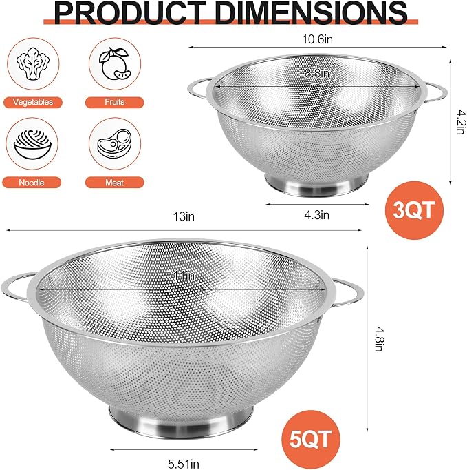 Kaishun Colander Stainless Steel 3-Quart, Strainer for Kitchen Food