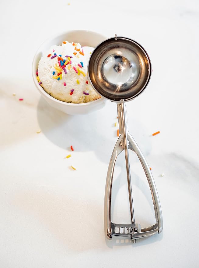 Jenaluca Jumbo Ice Cream Scoop, 18/8 Stainless Steel, 1/2 Cup Size #8 | Commercial-grade disher for ice cream, cupcakes, muffins, cookies & batter. Squeeze handle. Dishwasher safe.