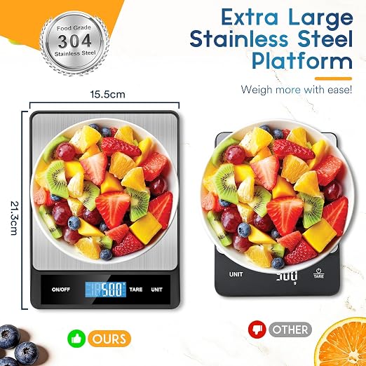 Zivacate Digital Kitchen Scales - Food Scale 5kg/11lb, 1g/0.05oz Precision, 6 Units with Tare Function, Stainless Steel, LCD Display, for Office, School, Home, Baking, Cooking (Battery Not Included)