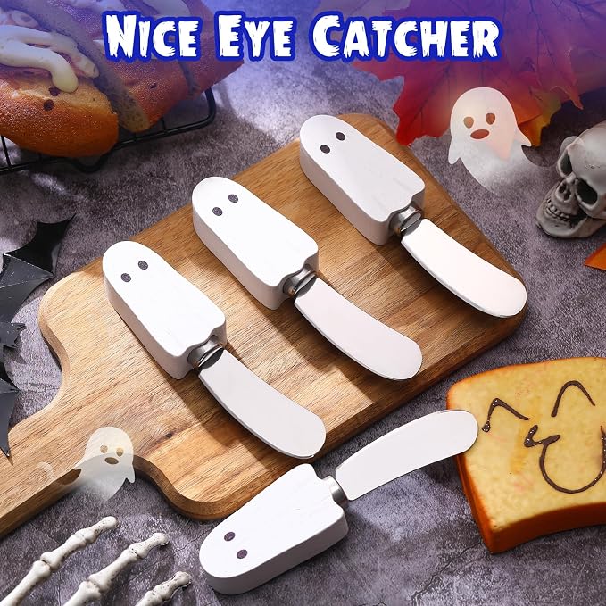 Sieral 10 Pcs Halloween Cheese and Butter Spreader Knives Ghost Cheese Spreader Butter Knives Multipurpose Halloween Decor with Hand Painted Wooden Handle Stainless Steel Blade
