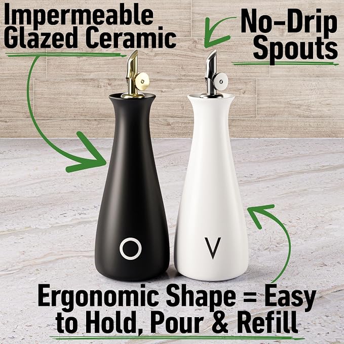 Ceramic Oil and Vinegar Dispenser Set of 2 with Self-Closing Spouts, 530mL | Leak Proof Dispensing Bottle, Stainless Steel Self-Closing Spout, Ergonomic, Durable, Easy Pour, Stylish, 530mL Capacity Each