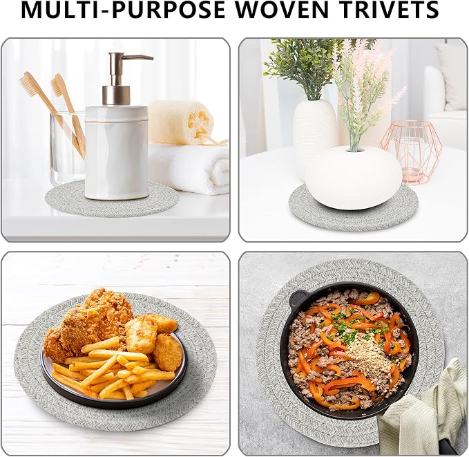 Coga Trivets for Hot Dishes, 5 Pack 7 Inch Cotton Hot Pads for Kitchen with Storage Basket, Round Pot Holders for Kitchen, Heat Resistant Mats for Countertop, Pots and Pans, Farmhouse Decor, Grey