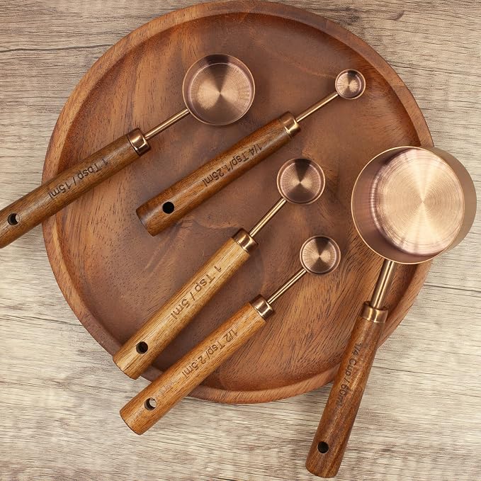 Measuring Cups and Spoons Set of 8, Stainless Steel Measuring Cup with Wooden Handle, Kitchen/Food/Liquid/Baking (Copper)