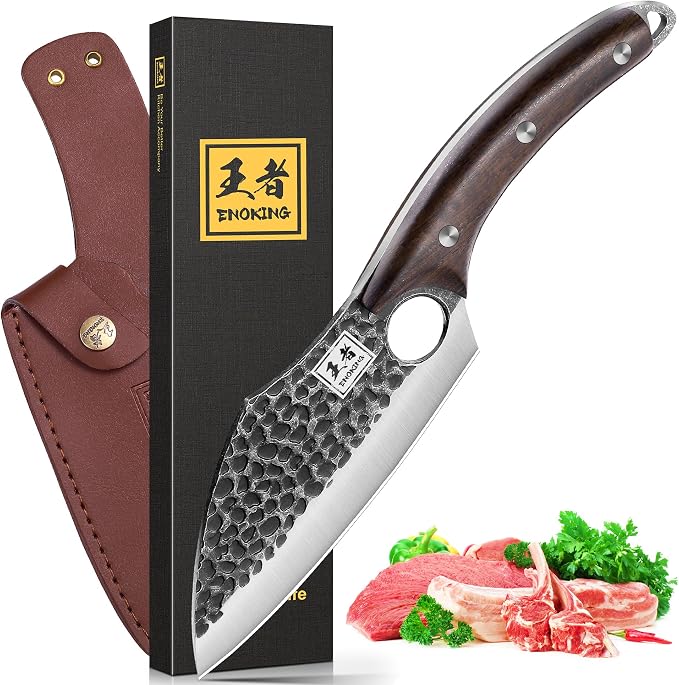 ENOKING Viking Boning Knife with Sheath, 6.1" Japanese Kitchen Knife for Meat Cutting, Hand Forged Chef Knife Meat Cleaver for Kitchen, Camping, Outdoor