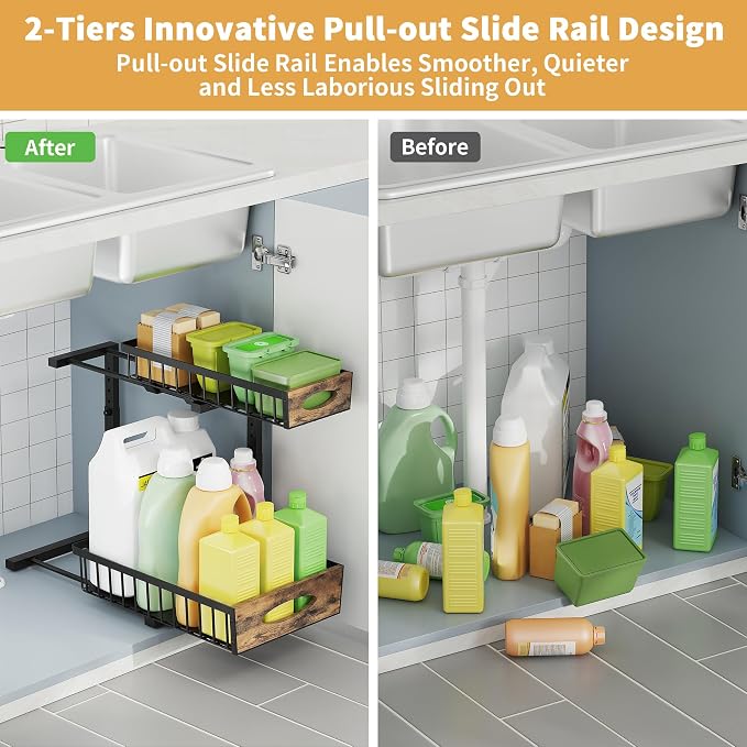 2 Pack Metal Under Sink Organizer with Sliding Drawer, Black | Anti-rust Carbon Steel, L-Shaped, Adjustable Height, Pull-out, Stable 80lb Load-bearing Capacity for Kitchen,Bathroom, Pantry