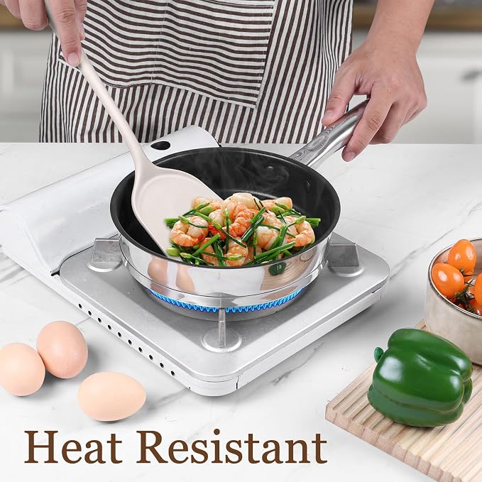 LIANYU Non-Toxic Silicone Kitchen Utensils Set, 8 Piece Non-Scratch Cooking Spoons & Spatulas, Stainless Steel Core, Heat Resistant & Dishwasher Safe, Khaki