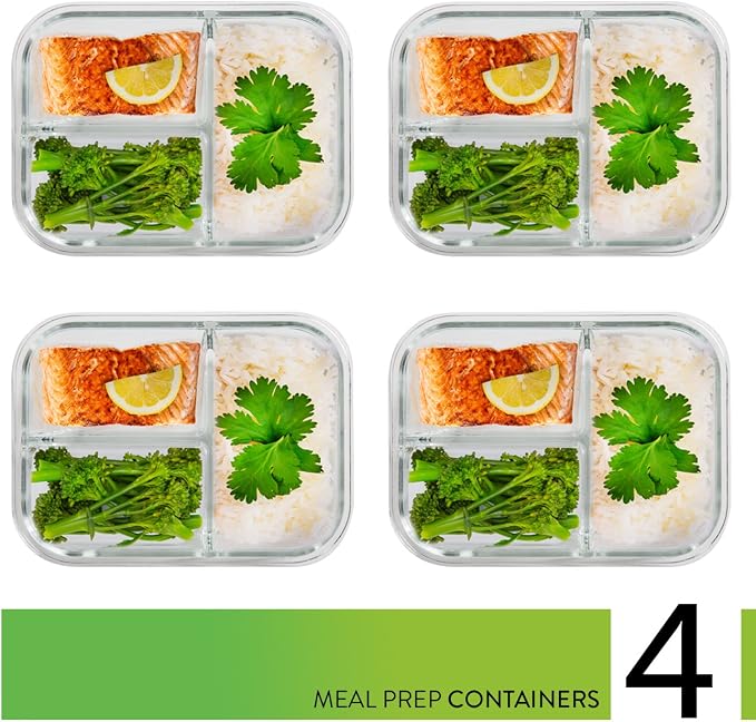 PrepNaturals 4 Pack 34oz Glass Meal Prep Containers - 3 Compartments | Borosilicate Glass Meal Prep Containers - Airtight Leak-Resistant Lids, Microwave, Oven & Freezer Safe (4-Pack, 34 oz)