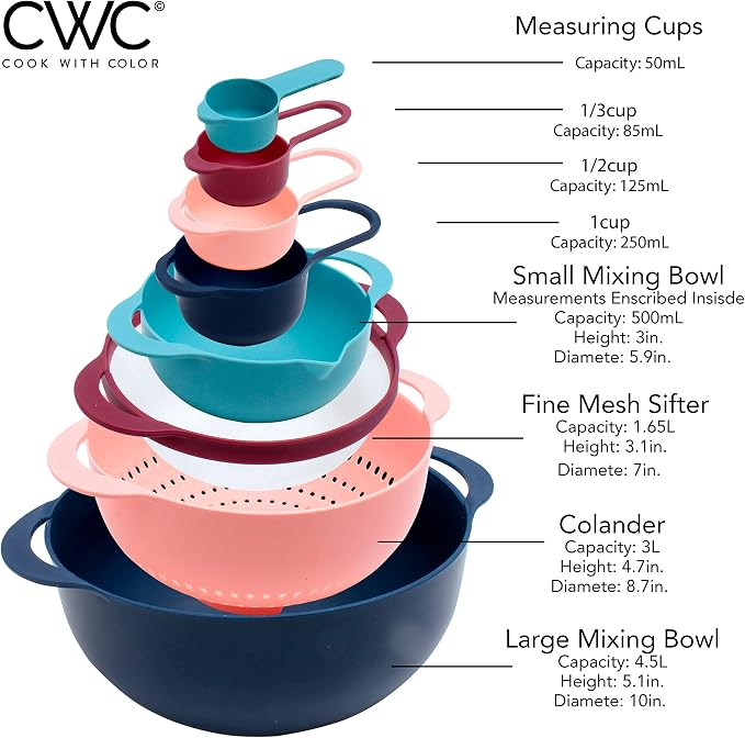 COOK WITH COLOR Nesting Bowls with Measuring Cups Colander and Sifter Set - Includes Mixing Bowls, Colander, Sifter and Measuring Cups, Navy, 8 Pc Bowl