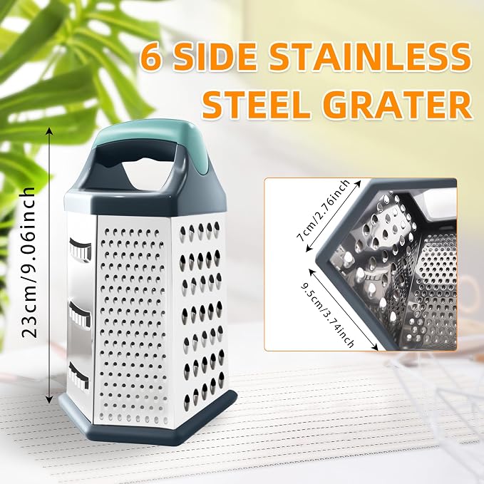 Box grater for kitchen 6 Sided - Cheese Graters Handheld, Stainless Steel Shredder for Food Vegetable Carrot Potato Tomato (Blue)