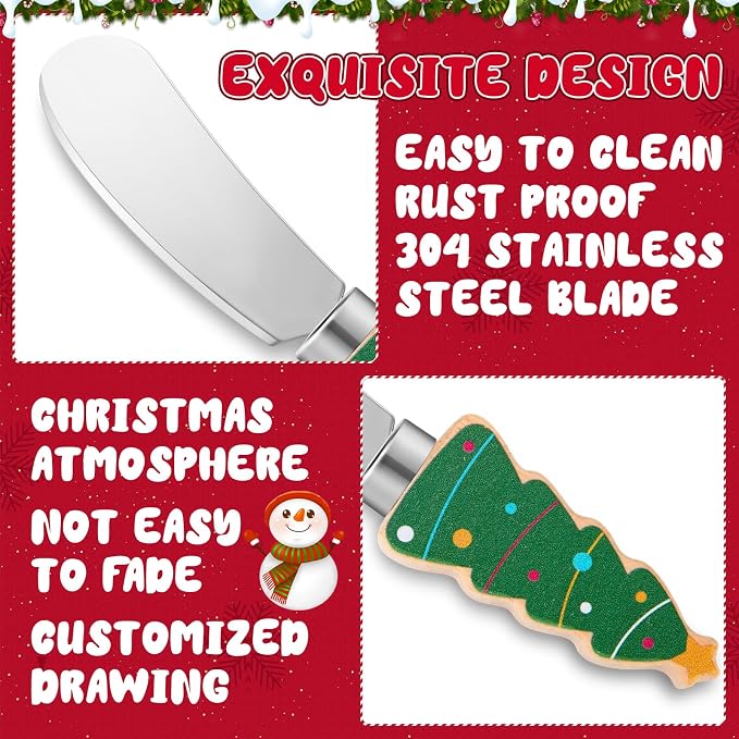 Sieral 10 Pcs Christmas Cheese and Butter Spreader Knives Butter Spreader Knives Multipurpose Christmas Decor with Hand Painted Wooden Handle Stainless Steel Blade