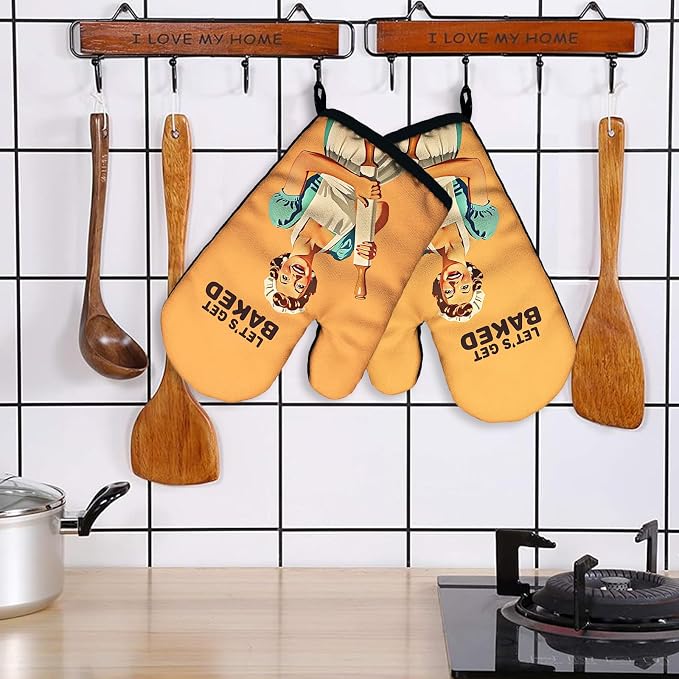 Let's Get Baked, Funny Silicone Non-Slip Oven Mitts Sets of 2, Retro Baking Mitts, Kitchen Gift for Women, Bake Lover Gift, Housewarming Gifts