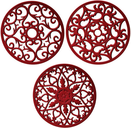 Silicone Trivet Mat, Heat Mat for Hot Pots and Pans, Multi-Use Intricately Carved Hot Pads and Mats, Flexible Modern Kitchen Table Mat, Heat Resistant Round Big Coaster Set of 3 Burgundy