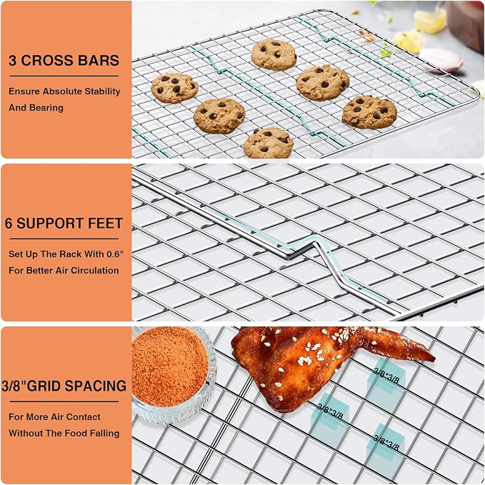 Cooling Rack for Baking 2-Pack, 15 x 10 Inches Baking Rack, Stainless Steel Wire Cookie Rack Fits Jelly Roll Sheet Pan, Oven Safe for Cooking, Roasting, Grilling