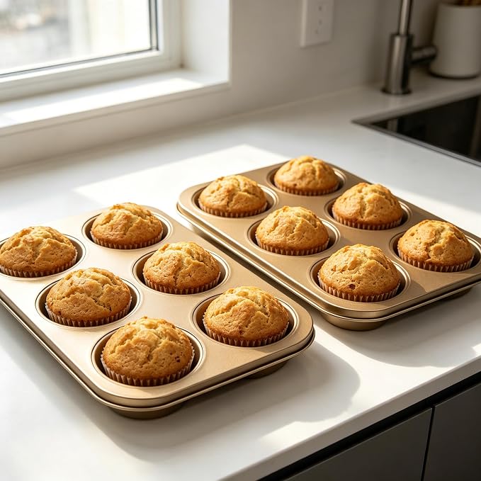 Non-Stick Gold Jumbo Muffin Pans, 6-Cup Set of 2 | Carbon Steel, Spatula Included for Extra-Large Muffins & Cupcakes