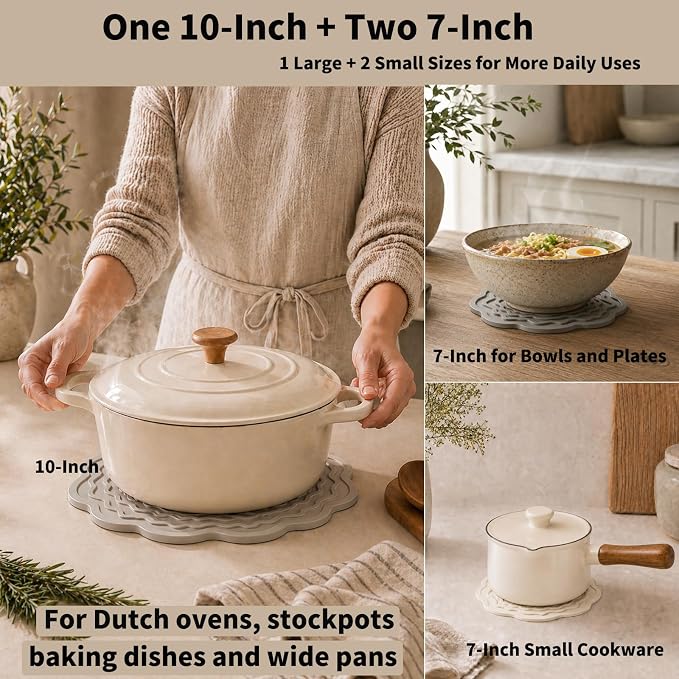 10+7 Inch Silicone Trivets for Hot Dishes Pots Pans, Hot Pads for Kitchen | One 10 inch mat plus two 7 inch mats protect counters and tables under Dutch ovens, bowls, teapots and microwave meals.