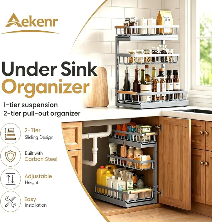 Under Sink Organizer and Storage for Bathroom and Kitchen - 2 Pack 3 Tier | Cabinet Pull Out Shelf Organizers - Slide Out Drawer Organization for Home Cabinets Shelves and Drawers