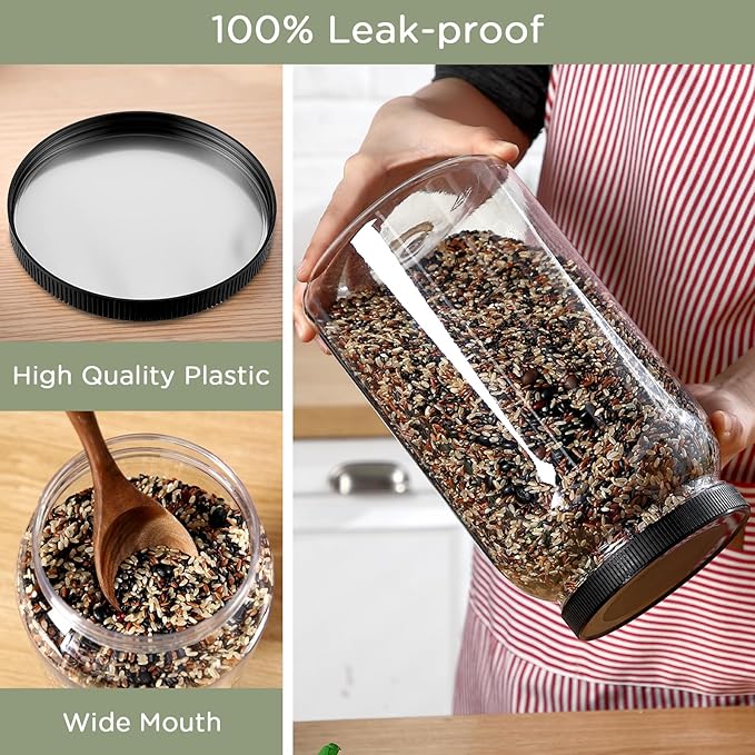 8 Pcs 1 Gallon Clear Plastic Jars Airtight Pantry Large Mouth Jars Plastic Jug Cylinder Containers with Lids for Candy Butter Honey Sugar Cookies Arts Crafts Bartender Kitchen (Black Lids)