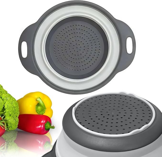 Round Silicone White Colander Collapsible – Foldable White Kitchen Strainer Small Collapsible Colander with Plastic Handles for Draining Vegetable and Fruit Silicone Kitchen Strainer for Pasta