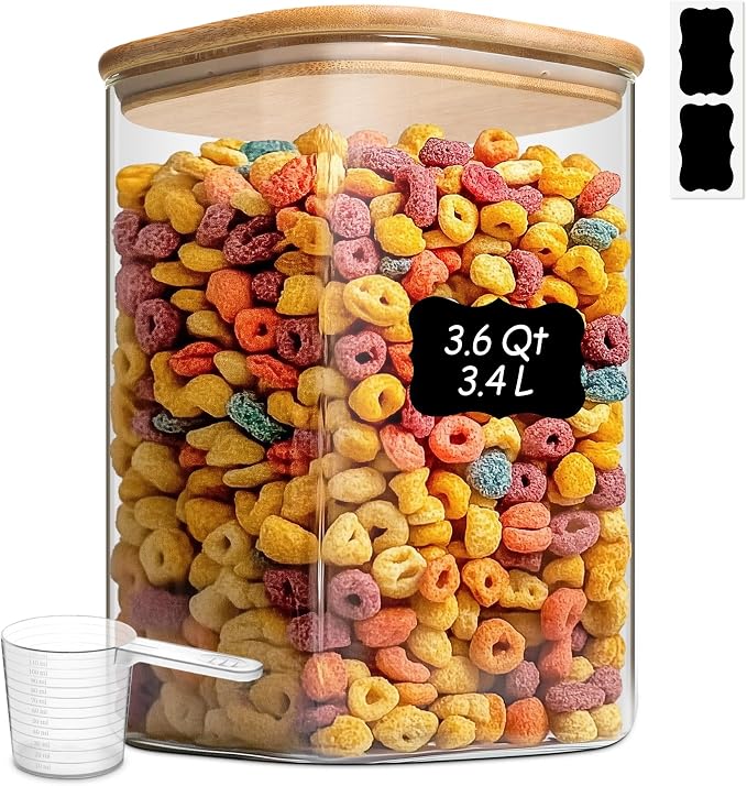 ComSaf Glass Storage Jars with Bamboo Lids 3.6 Qt Large Pantry Square | Cabinet Organization, Flour Sugar Coffee Beans, Pasta Cereal Dry Food, Big Capacity, Dry Food Storage