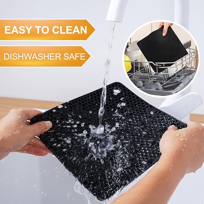 4 PCS Heat Resistant Silicone Trivet Mats for Hot Dishes, Hot Pots and Pans | Multipurpose Non-Slip Pot Holders Hot Pads Coasters for Kitchen, Countertop, Table, Thick Round Square Trivet, Black