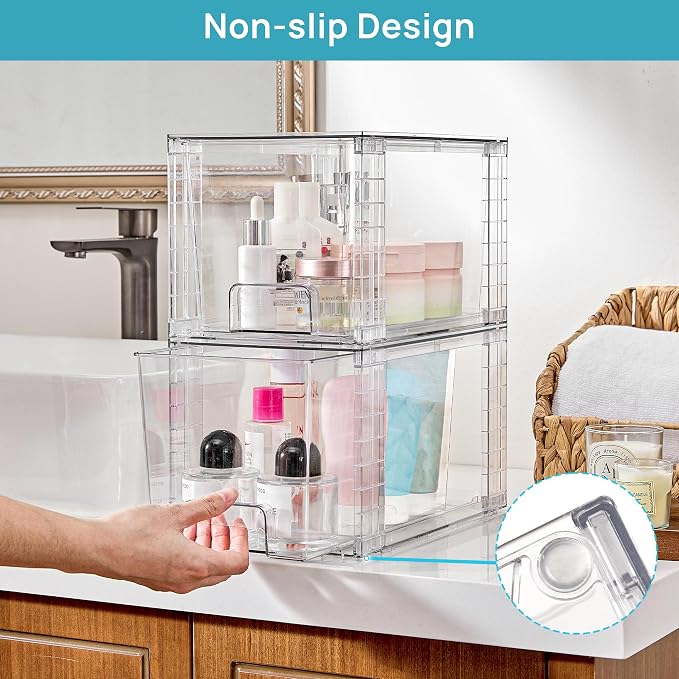 Vtopmart 6 Pack Large Stackable Storage Drawers | Easily Assemble Acrylic, Bathroom Closet Undersink Organizers, Plastic Bins for Kitchen Cabinets, Pantry, Makeup, Medicine