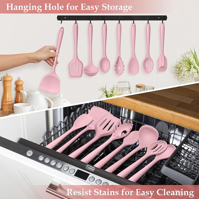 LIANYU Pink Silicone Cooking Utensils Set of 8, Non-Toxic Kitchen Utensils with Spatulas Spoons, Heat Resistant Non-Scratch Kitchen Tool, Healthy & Dishwasher Safe