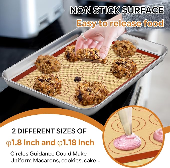 P&P CHEF 11.6 Inch Silicone Baking Mat, 2Pcs Non-stick Silicone Oven Mats | Reusable Baking Supplies for Macaroon Pastry Bread Dough Cookie Pizza, Good for Roasting Kneading, Fit Well with Sheet Pan
