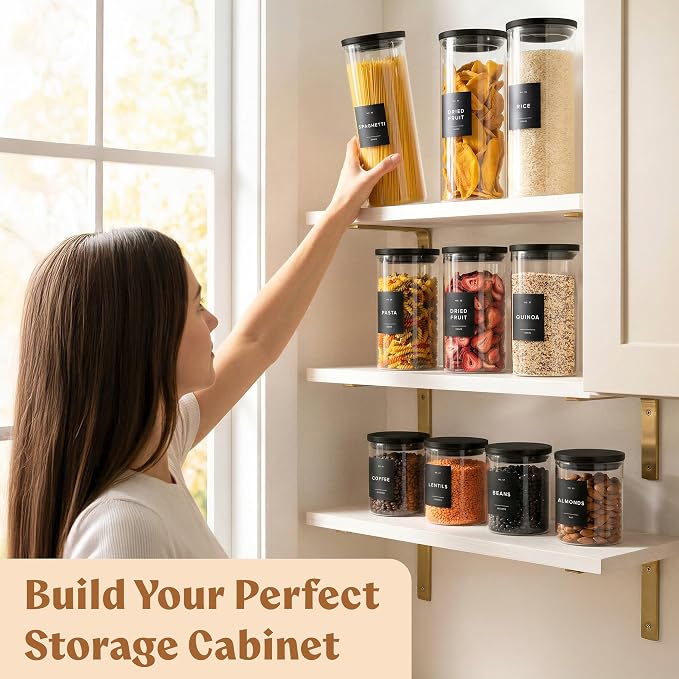 Glass Pantry Storage Jars Containers with Black Lids and Labels - Set of 4 | Extra Thick Round Glass Canisters with Black Lids and 54 Pre-printed Pantry Labels keeps dry Goods Fresh and Organized
