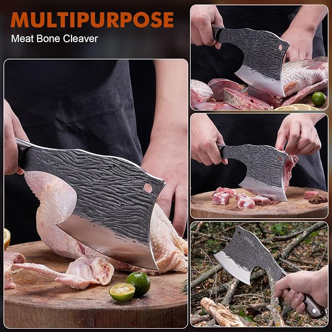 OPAYLY Heavy-Duty Bone Chopper Knife Hand Forged Meat Cutting with Cover Meat Bone Cleaver Knife High Carbon for Kitchen Outdoor Camping BBQ men gifts