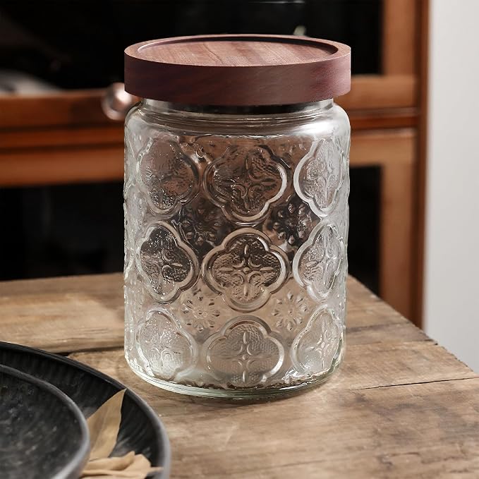 Glass Storage Jars With Airtight Lid, 23.7oz Container For Kitchen Counter with Wooden Lid, brown sugar, candy, coffee, cookie, salt, tea, cute Jar (Begonia Flowers*2)