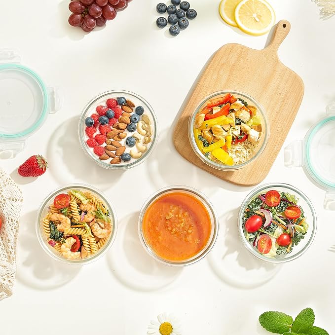 Vtopmart 5Pack 22oz Glass Storage Containers with Lids, Green, Round | Glass Meal Prep Food Container Sets, Snap Airtight Lid, For Microwave, Oven, Freezer and Dishwasher, BPA Free