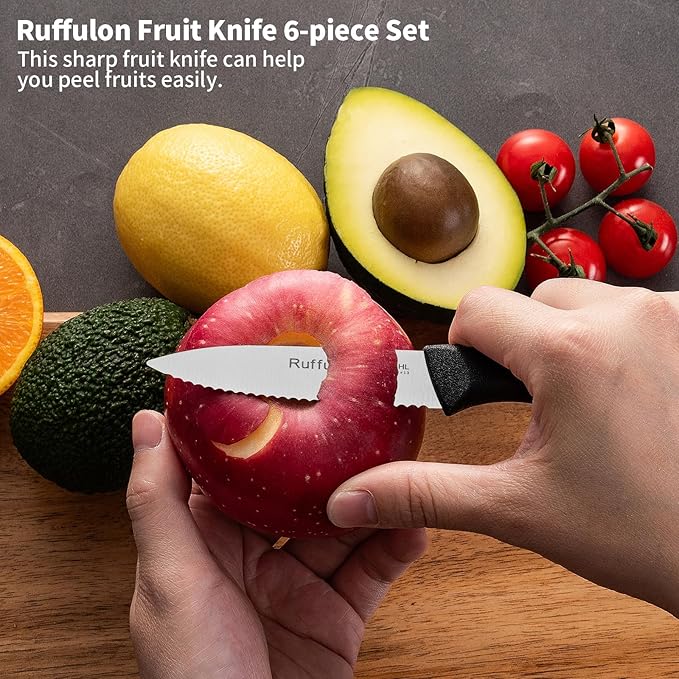 Stainless Steel Paring Knife With Serrated Blade, 6 Pieces Set Vegetable and Fruit Knife, Ultra Sharp Small Kitchen Knife, Black Paring Knifves with PP Plastic Ergonomic Handle.
