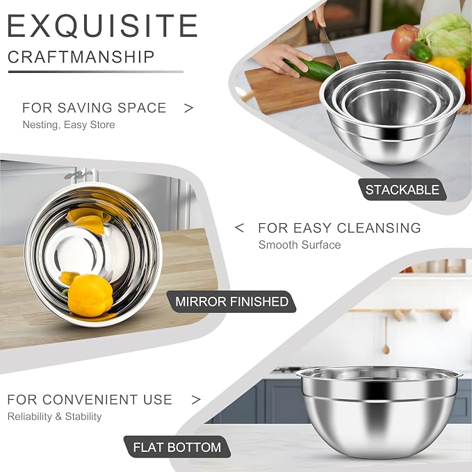 HaWare Mixing Bowls with Airtight Lids, 6-Piece Stainless Steel Salad Bowls, Strong Nesting Bowls for Cooking, Prepping, Baking, Serving & Food Storage, Stackable Design, Size 4.6, 3, 1.5QT, Colorful