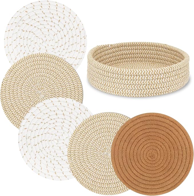 Coga Trivets for Hot Dishes, 5 Pack 7 Inch Cotton Hot Pads for Kitchen with Storage Basket, Round Pot Holders for Kitchen, Heat Resistant Mats for Countertop, Pots and Pans, Farmhouse Decor, Mix Beige