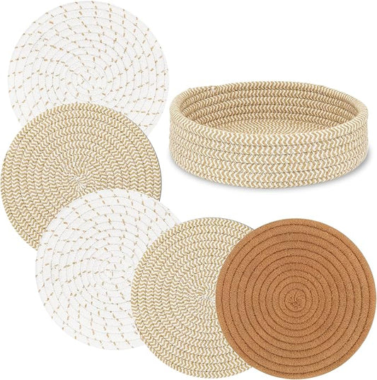 Coga Trivets for Hot Dishes, 5 Pack 7 Inch Cotton Hot Pads for Kitchen with Storage Basket, Round Pot Holders for Kitchen, Heat Resistant Mats for Countertop, Pots and Pans, Farmhouse Decor, Mix Beige