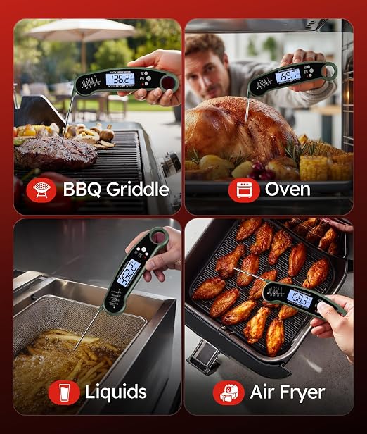 Meat Thermometer Digital - Instant Read Food Thermometer for Grilling, BBQ, Air Fryer, Smoker, Candy Making, Kitchen Gadgets, BBQ Essentials, Green