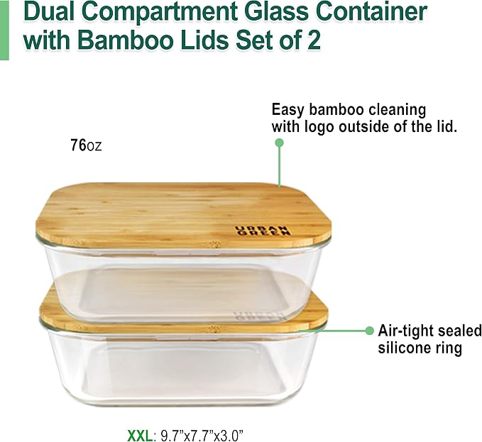 Glass Food Storage Containers, XXLarge Size, 76oz/2260ml, 2 Pack - Bamboo Lids, Microwave & Freezer Safe, Meal Prep & Pantry Organization